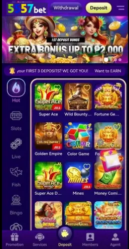 5557bet mobile casino interface on Android with gold and burgundy theme